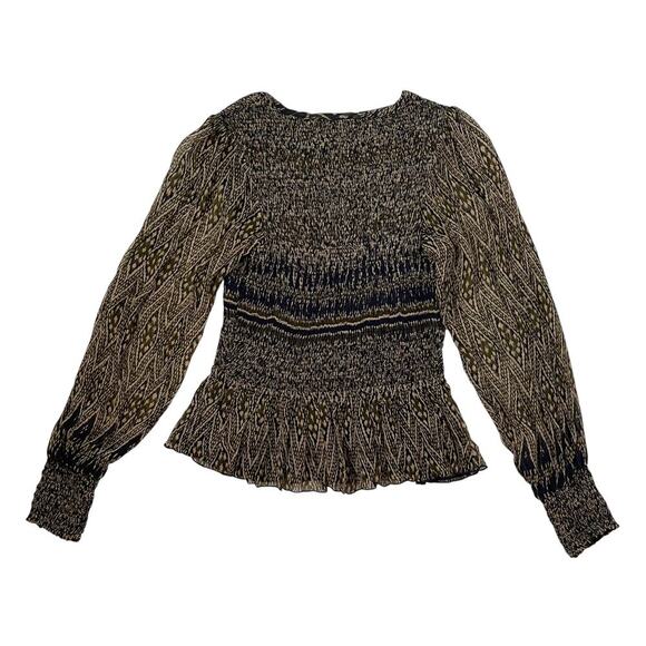 Paneros Stella Top in Olive Ikat - Smocked Bodice - Long Sleeve - Size M - Picture 4 of 7